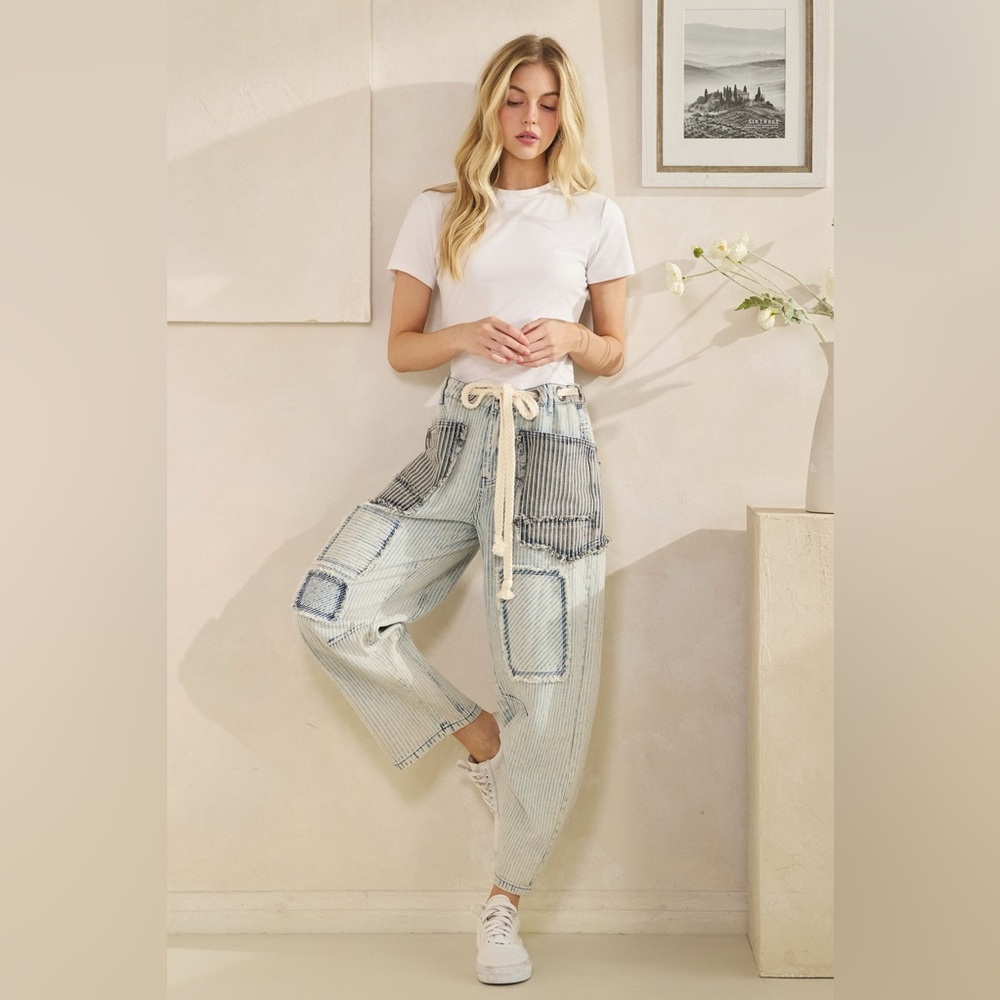 #OB17 2 Left Oli & Hali Light Wash Striped Patchwork pants